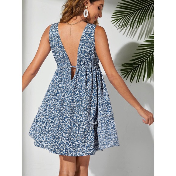 Boho Ditsy Floral Print Tie Front Dress blue - Picture 2 of 5